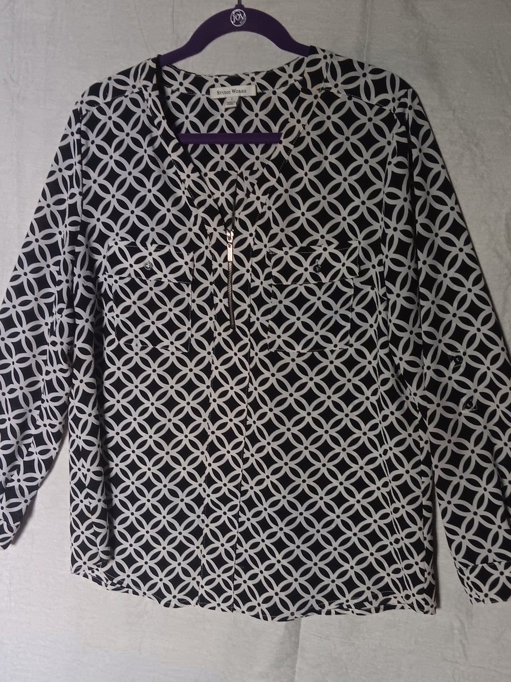 Studio Works Black & White Geometric Zip-Front Blouse